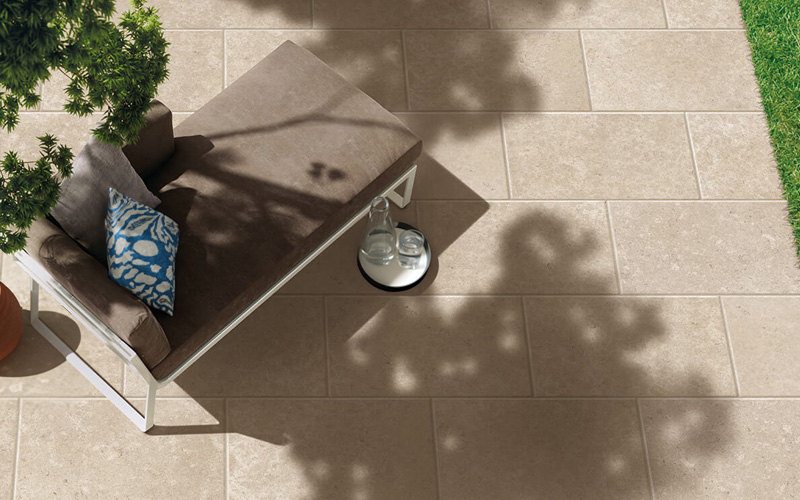 Dijon beige antiqued porcelain patio paving